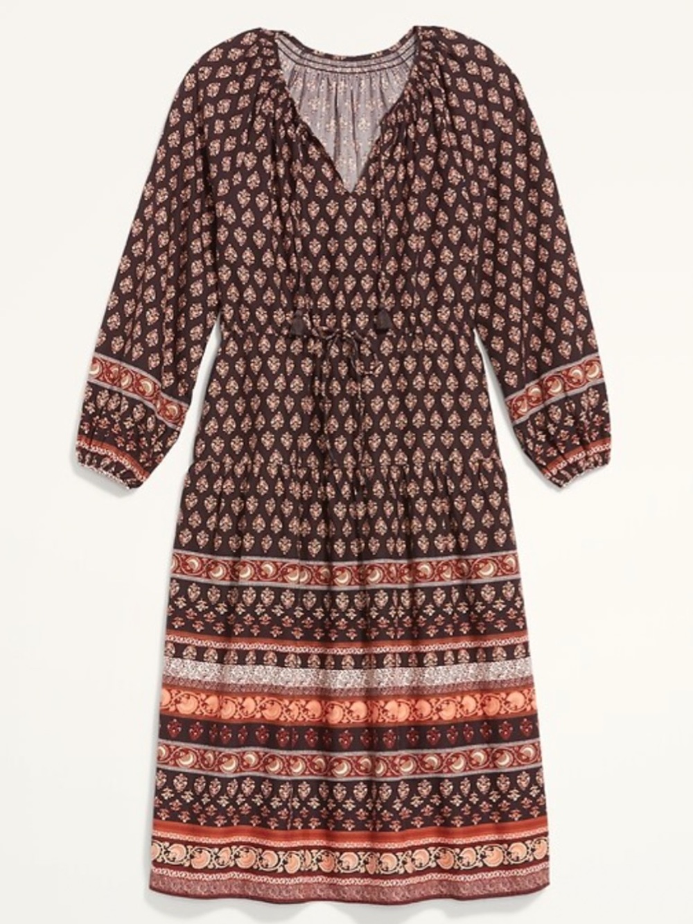 Old Navy Brown and Rust Boho Waist Defined Tiered Poet Midi Dress Cotton Rayon